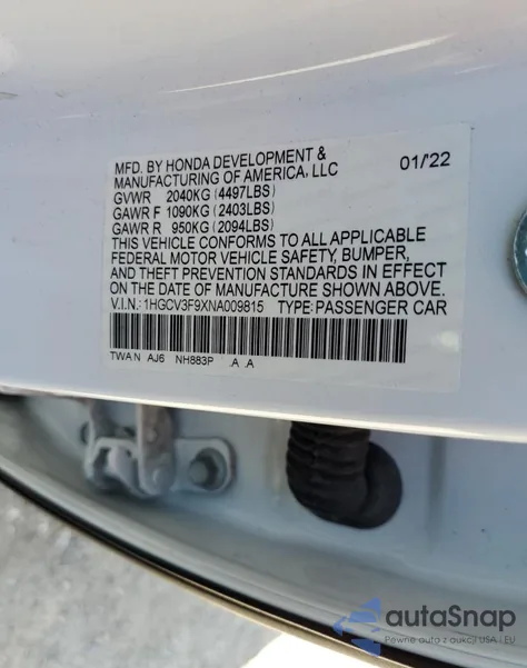 2022 Honda Accord Touring Hybrid из США, поврежденный, VIN 1HGCV3F9XNA009815